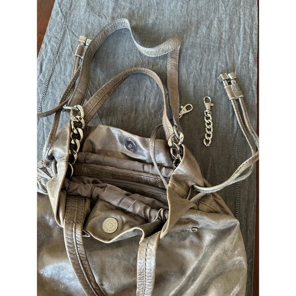 MICHAEL KORS Metallic LEATHER bag Drawstring HOBO bucket taupe chain shoulder - Picture 10 of 16